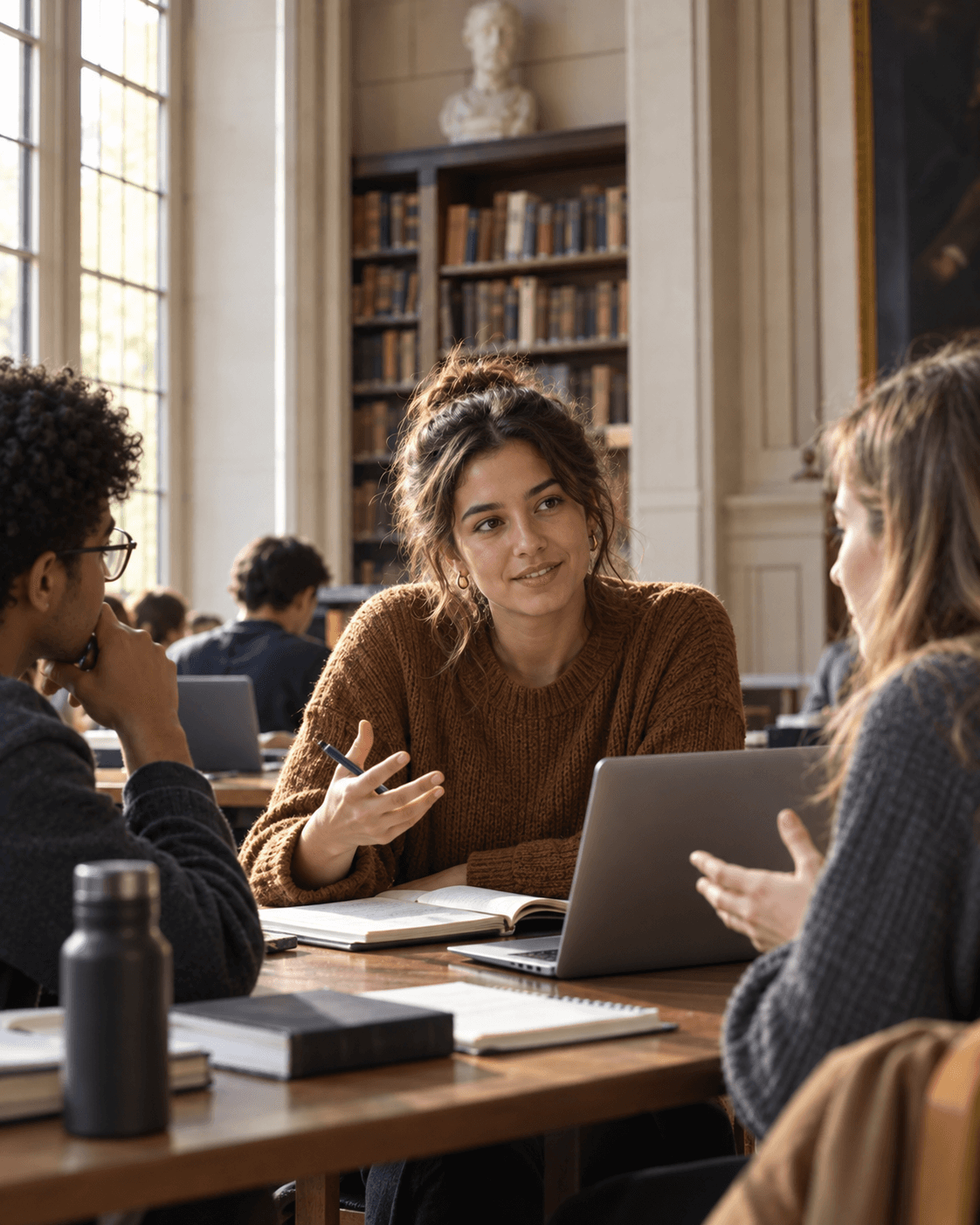 Students discussing coursework together at a table in a library